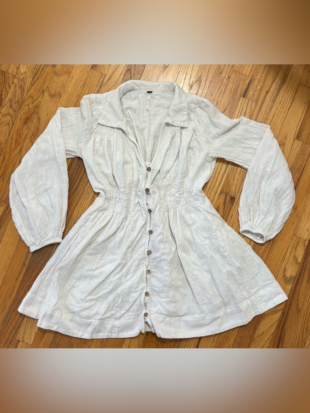 Free People White Linen Long Sleeve Buttoned Flowy Collared Dress Size M